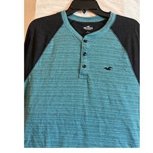 Hollister California Mens L Henley Long Sleeve Blue Striped T Shirt Top